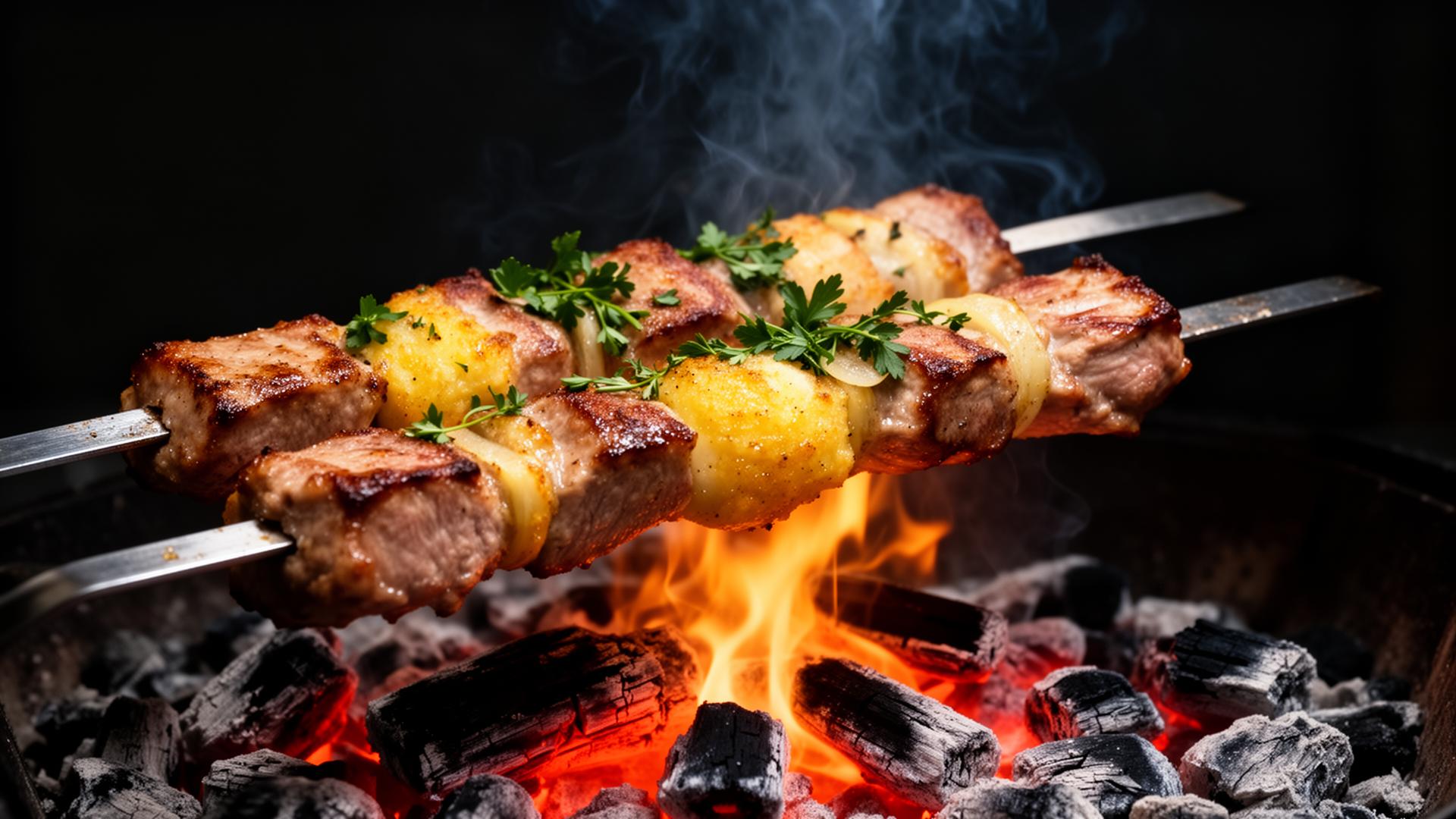 Sizzling shashlyk over charcoal